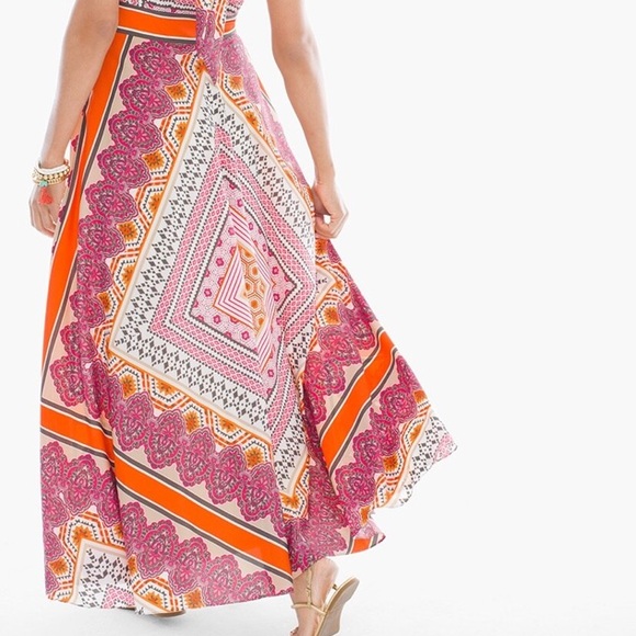 Chico's Women Boho Pink Orange Scarf Print Long Flowy Maxi Dress Sz 0 - Picture 4 of 13
